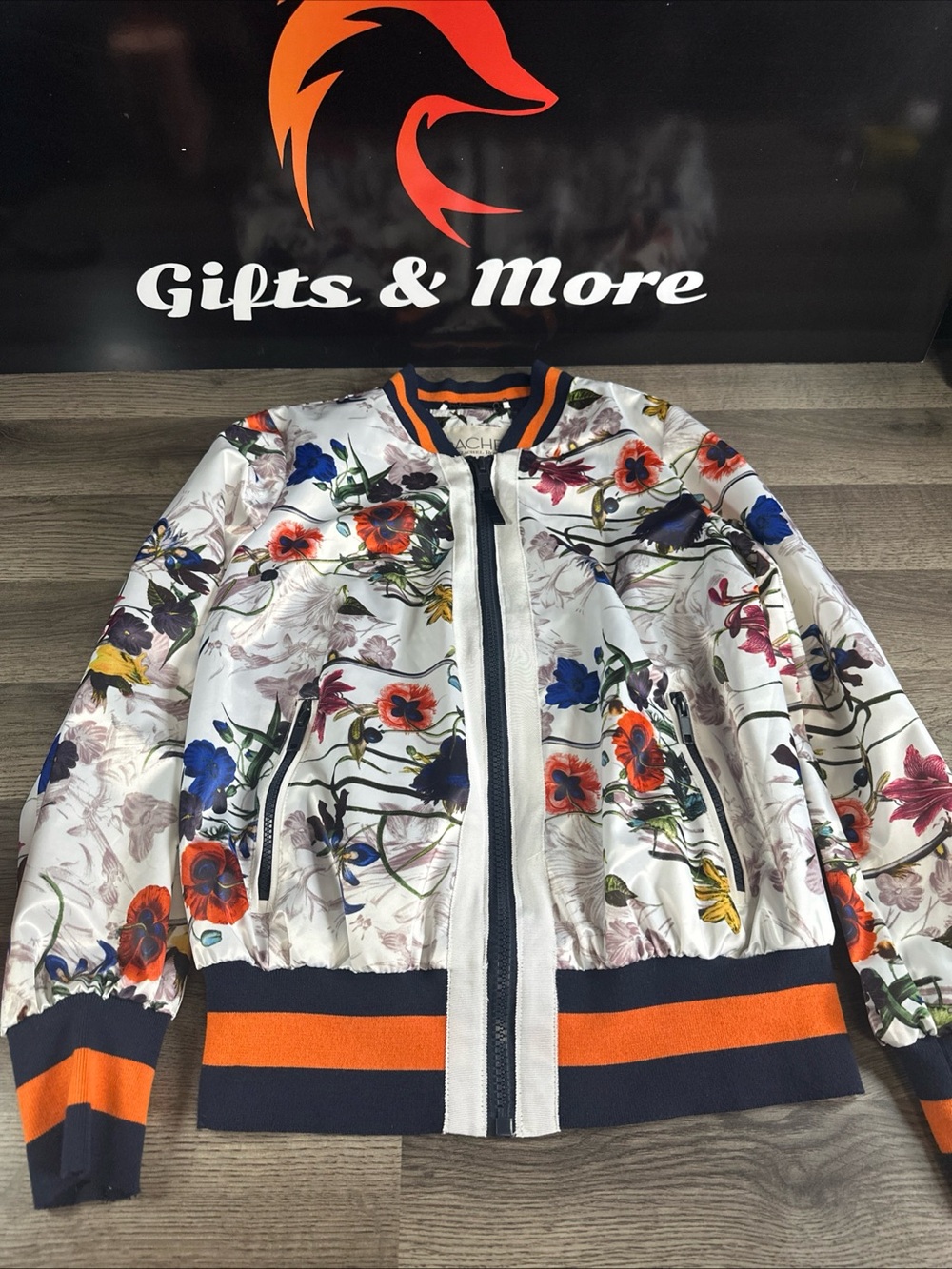 RACHEL Rachel Roy White Floral Satin Bomber Jacket with Navy & Orange Trim